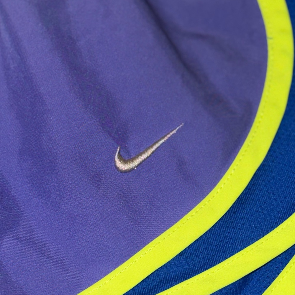 Nike Women’s Purple Athletic Shorts with Neon Yellow Trim - Picture 2 of 7